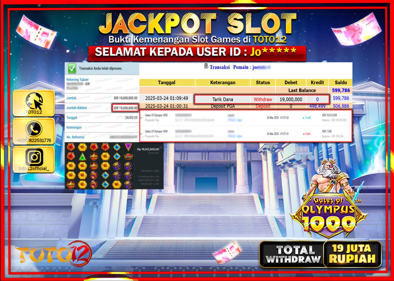 HANYA DI TOTO12 JP PASTI DI BAYAR LUNAS DAN CEPAT!!!!!! JACKPOT SLOT GAME (GATES OF OLYMPUS 1000) Rp.19.000.000 !!!!