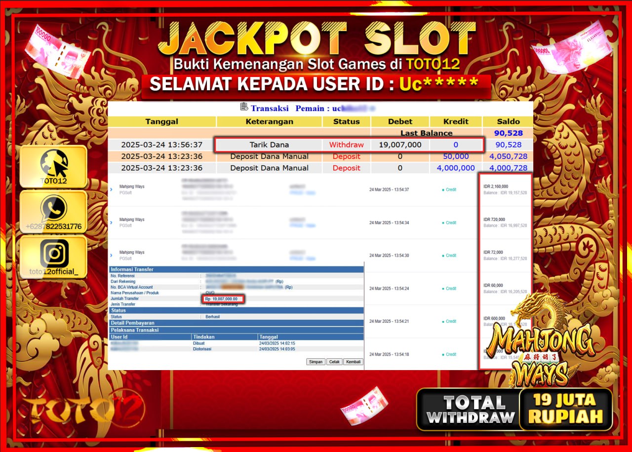 HANYA DI TOTO12 JP PASTI DI BAYAR LUNAS DAN CEPAT!!!!!! JACKPOT SLOT GAME (MAHJONG WAYS) Rp.19.000.000 !!!!