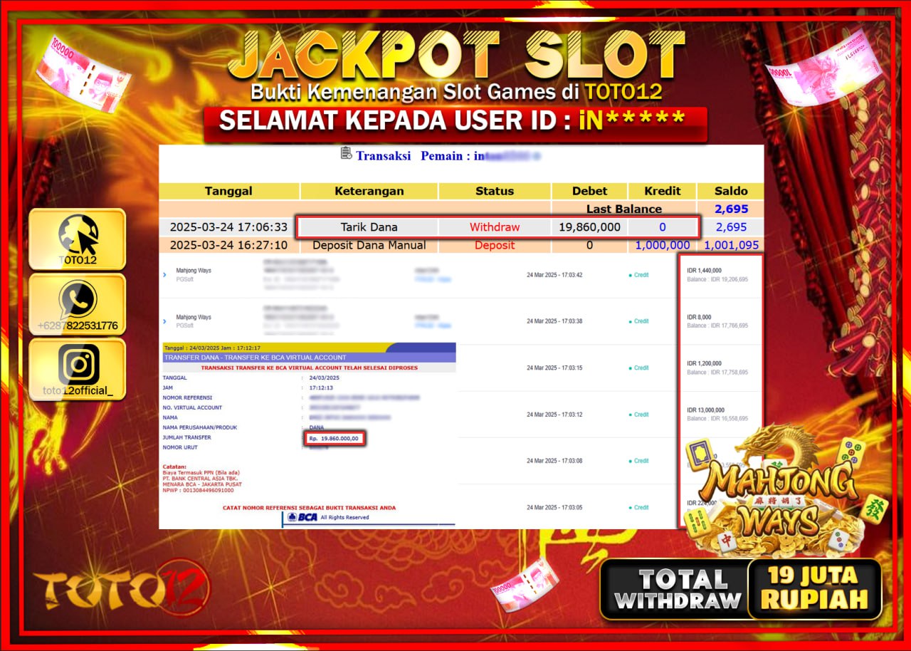 HANYA DI TOTO12 JP PASTI DI BAYAR LUNAS DAN CEPAT!!!!!! JACKPOT SLOT GAME (MAHJONG WAYS) Rp.19.000.000 !!!!