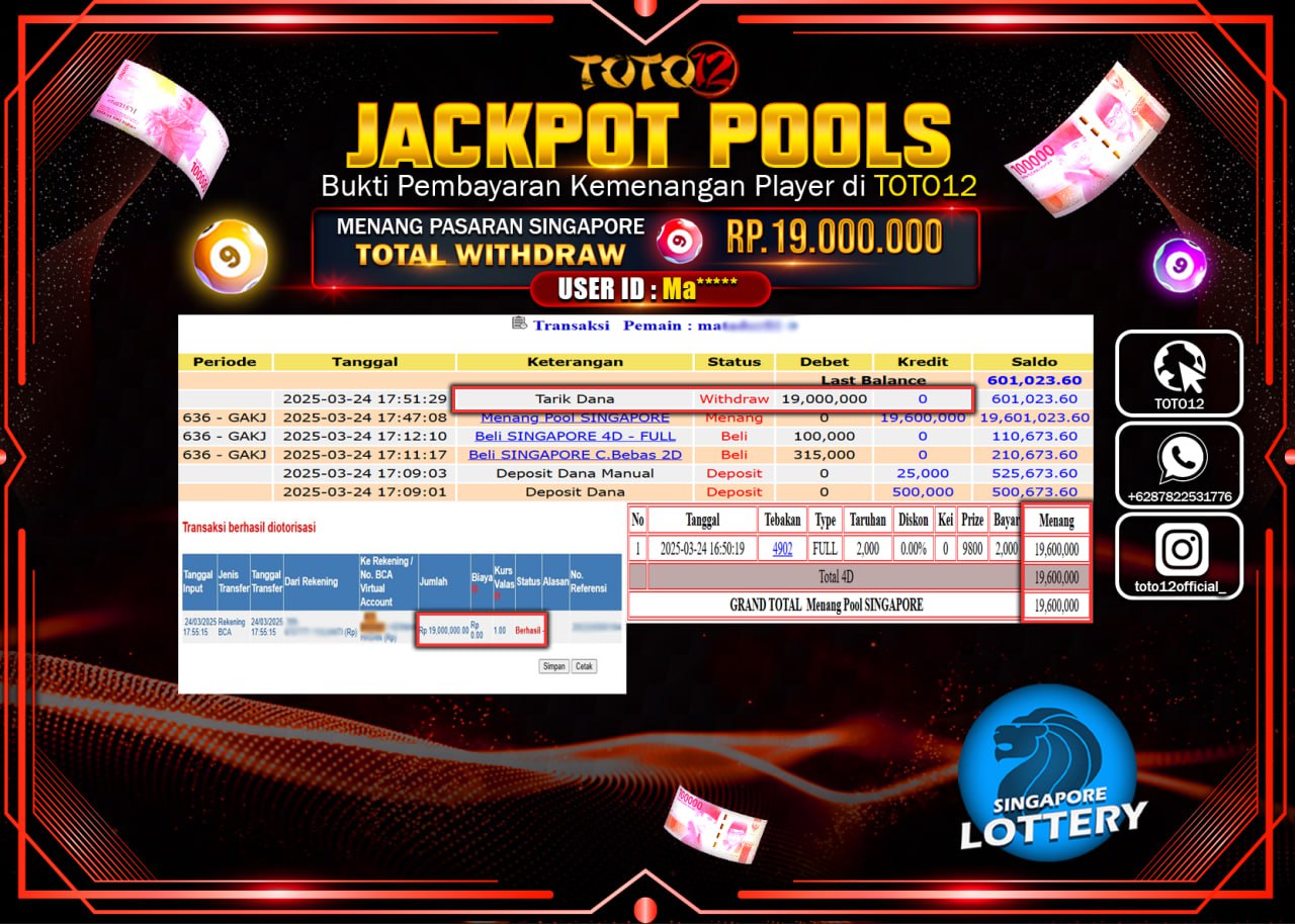 HANYA DI TOTO12 JP PASTI DI BAYAR LUNAS DAN CEPAT!!!!!! JACKPOT POOLS PASARAN (SINGAPORE) Rp.19.000.000 !!!!