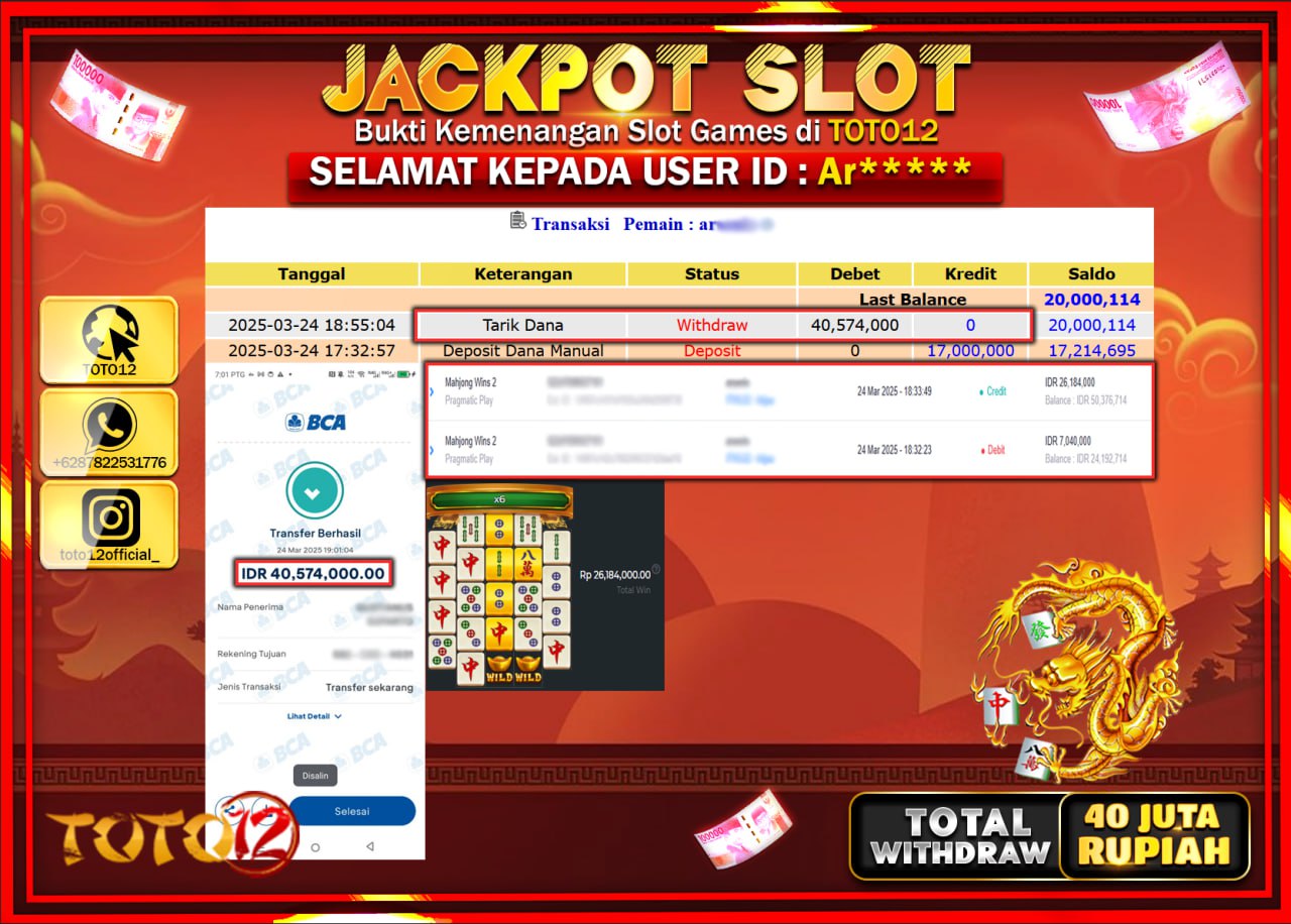 HANYA DI TOTO12 JP PASTI DI BAYAR LUNAS DAN CEPAT!!!!!! JACKPOT SLOT GAME (MAHJONG WINS 2) Rp.40.000.000 !!!!
