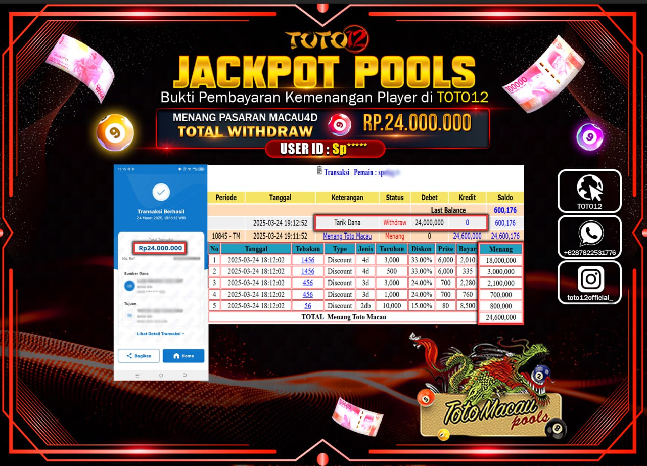 HANYA DI TOTO12 JP PASTI DI BAYAR LUNAS DAN CEPAT!!!!!! JACKPOT POOLS PASARAN (TOTO MACAU4D) Rp.24.000.000 !!!!