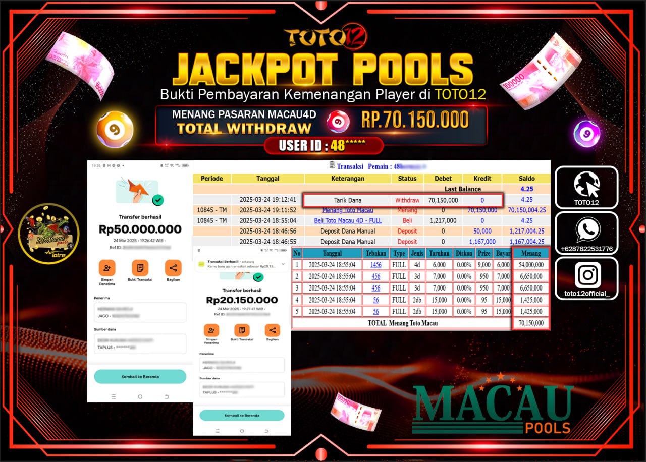 HANYA DI TOTO12 JP PASTI DI BAYAR LUNAS DAN CEPAT!!!!!! JACKPOT POOLS PASARAN (TOTO MACAU4D) Rp.70.150.000 !!!!