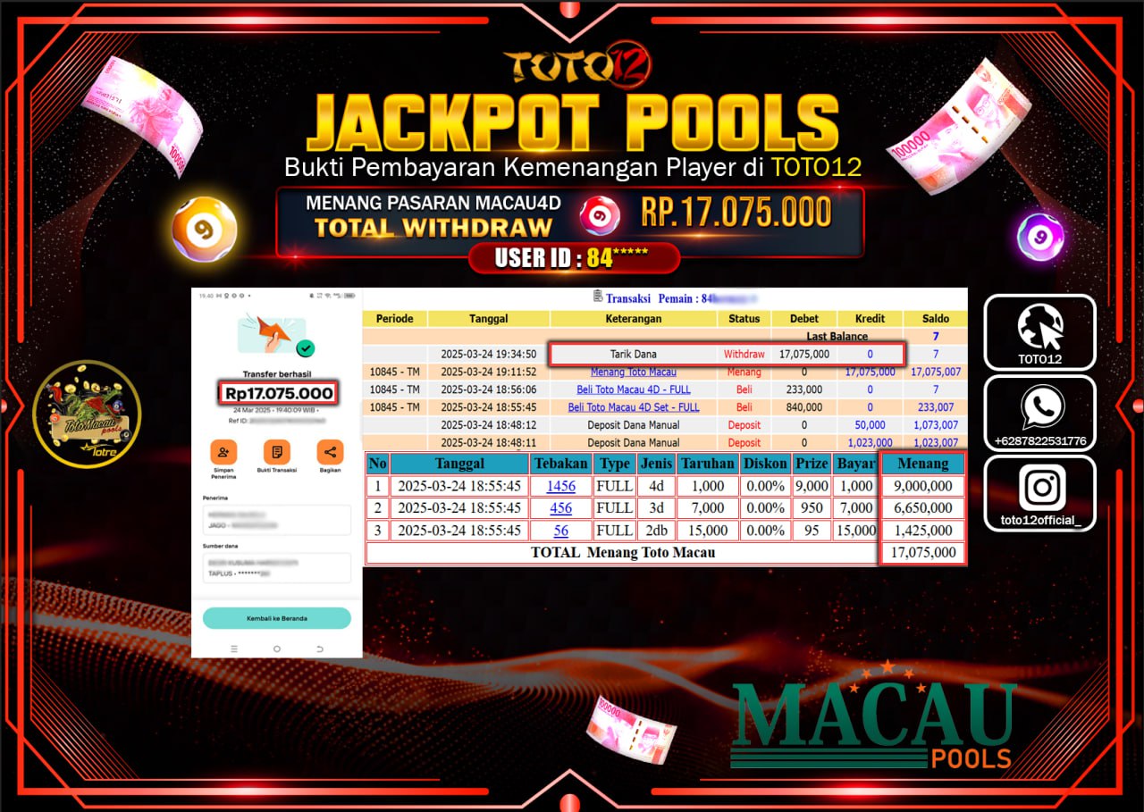 HANYA DI TOTO12 JP PASTI DI BAYAR LUNAS DAN CEPAT!!!!!! JACKPOT POOLS PASARAN (TOTO MACAU4D) Rp.17.075.000 !!!!
