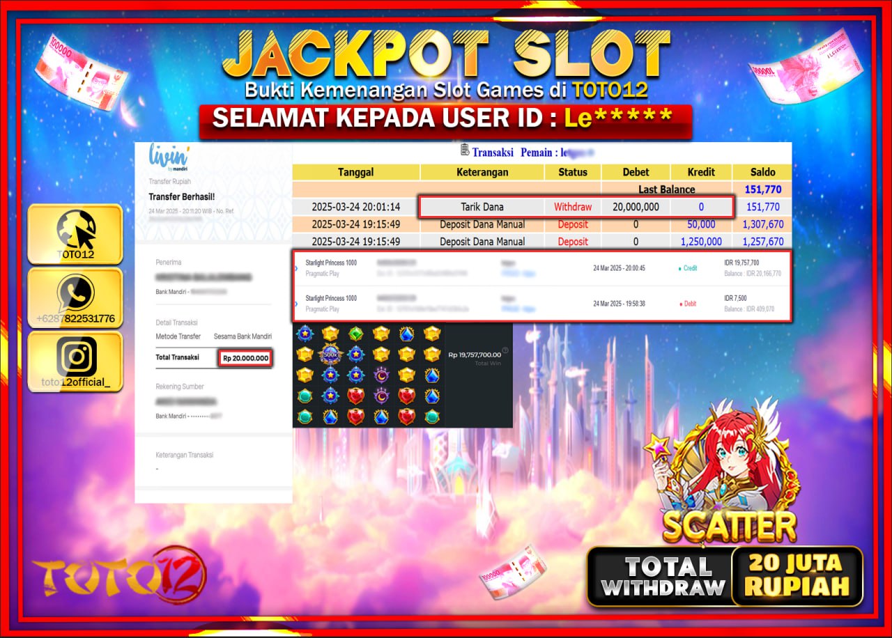 HANYA DI TOTO12 JP PASTI DI BAYAR LUNAS DAN CEPAT!!!!!! JACKPOT SLOT GAME (STARLIGHT PRINCESS 1000) Rp.20.000.000 !!!!