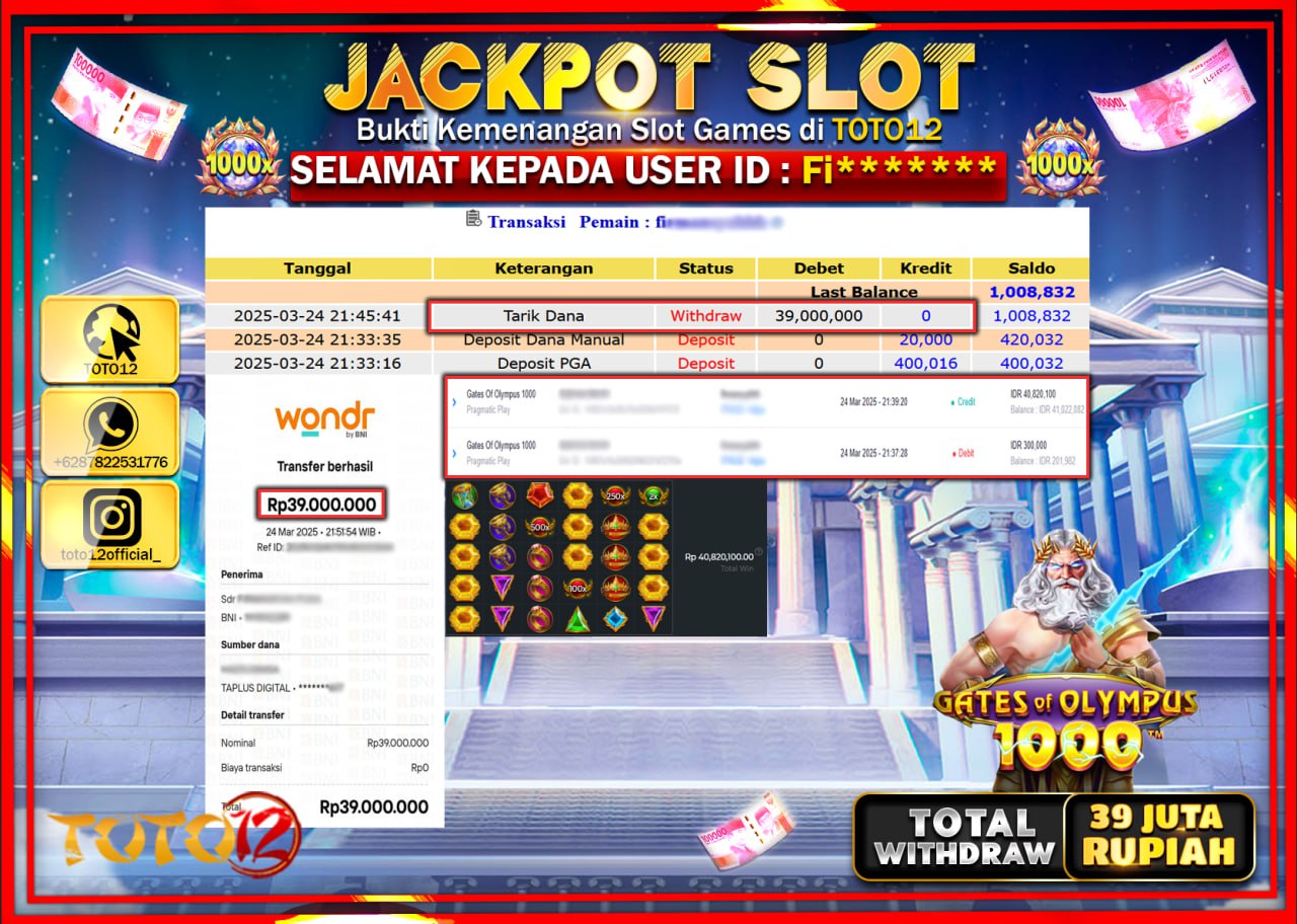 HANYA DI TOTO12 JP PASTI DI BAYAR LUNAS DAN CEPAT!!!!!! JACKPOT SLOT GAME (GATES OF OLYMPUS 1000) Rp.39.000.000 !!!!