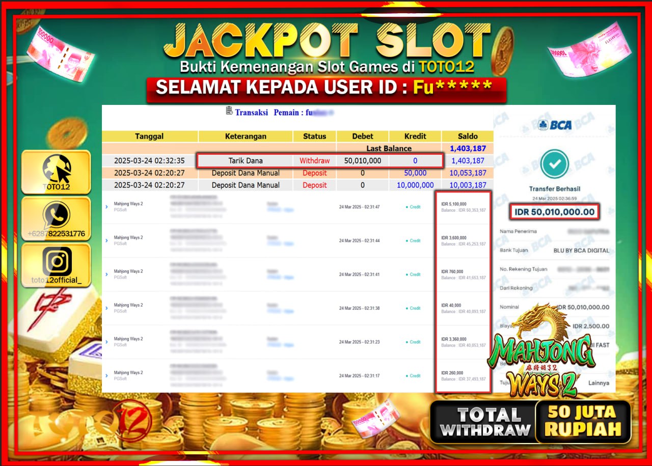 HANYA DI TOTO12 JP PASTI DI BAYAR LUNAS DAN CEPAT!!!!!! JACKPOT SLOT GAME (MAHJONG WAYS 2) Rp.50.000.000 !!!!