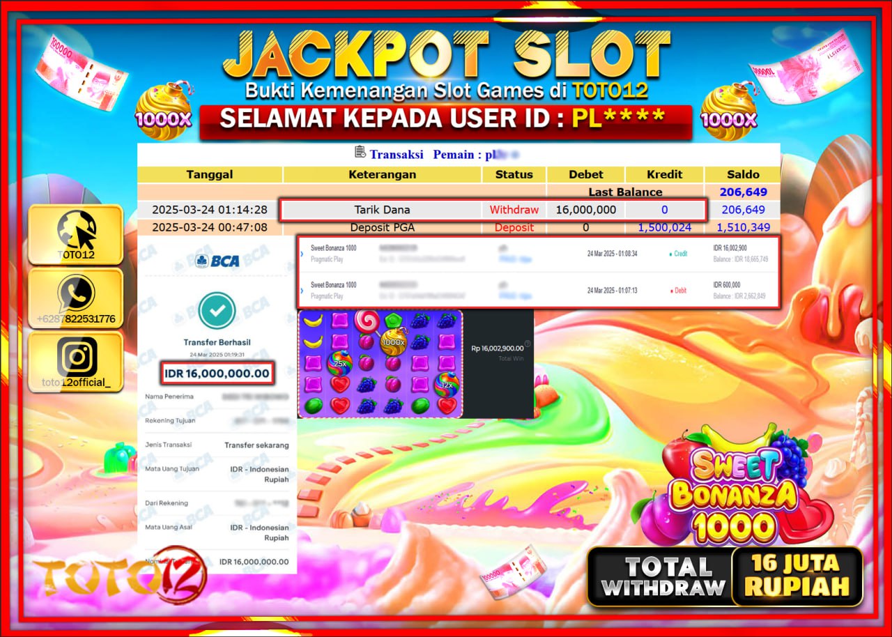 HANYA DI TOTO12 JP PASTI DI BAYAR LUNAS DAN CEPAT!!!!!! JACKPOT SLOT GAME (SWEET BONANZA 1000) Rp.16.000.000 !!!!