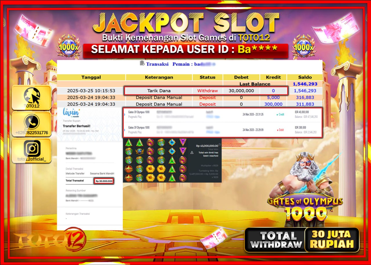 HANYA DI TOTO12 JP PASTI DI BAYAR LUNAS DAN CEPAT!!!!!! JACKPOT SLOT GAME (GATES OF OLYMPUS 1000) Rp.30.000.000 !!!!
