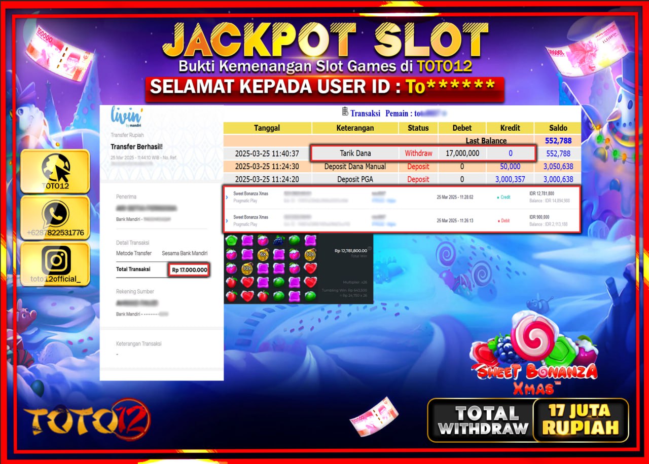 HANYA DI TOTO12 JP PASTI DI BAYAR LUNAS DAN CEPAT!!!!!! JACKPOT SLOT GAME (SWEET BONANZA XMAS) Rp.17.000.000 !!!!