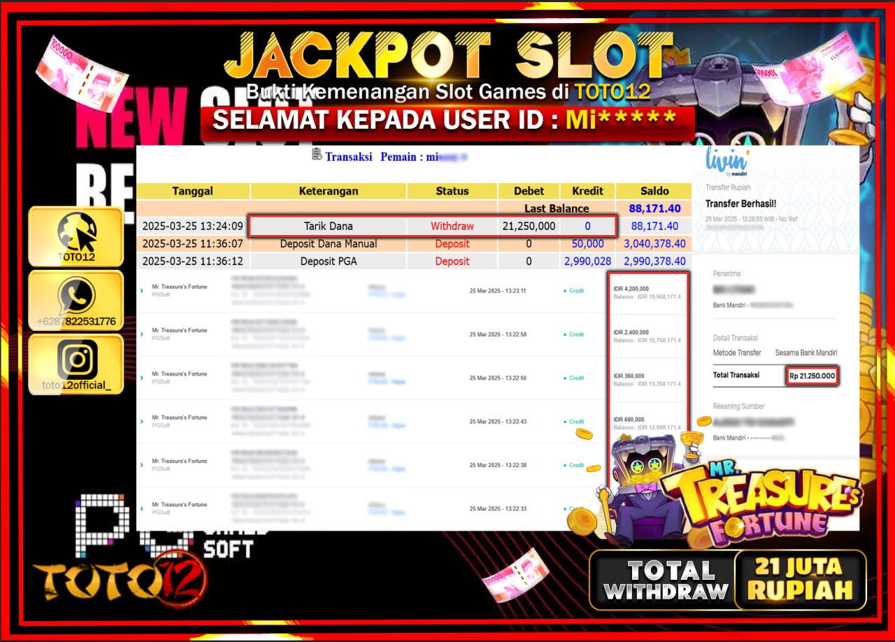 HANYA DI TOTO12 JP PASTI DI BAYAR LUNAS DAN CEPAT!!!!!! JACKPOT SLOT GAME (MR TREASURES FORTUNE) Rp.21.000.000 !!!!