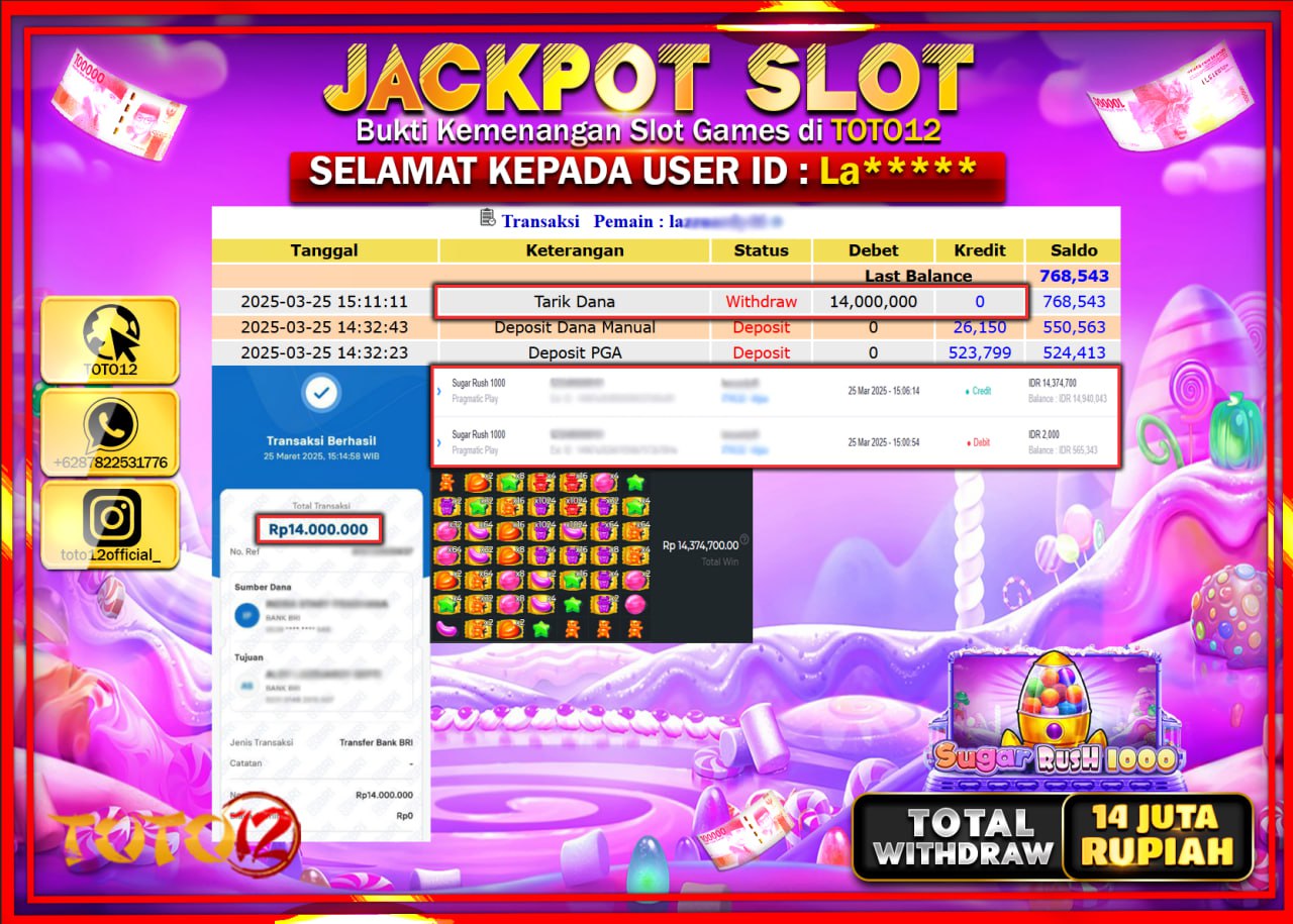 HANYA DI TOTO12 JP PASTI DI BAYAR LUNAS DAN CEPAT!!!!!! JACKPOT SLOT GAME (SUGAR RUSH 1000) Rp.14.000.000 !!!!
