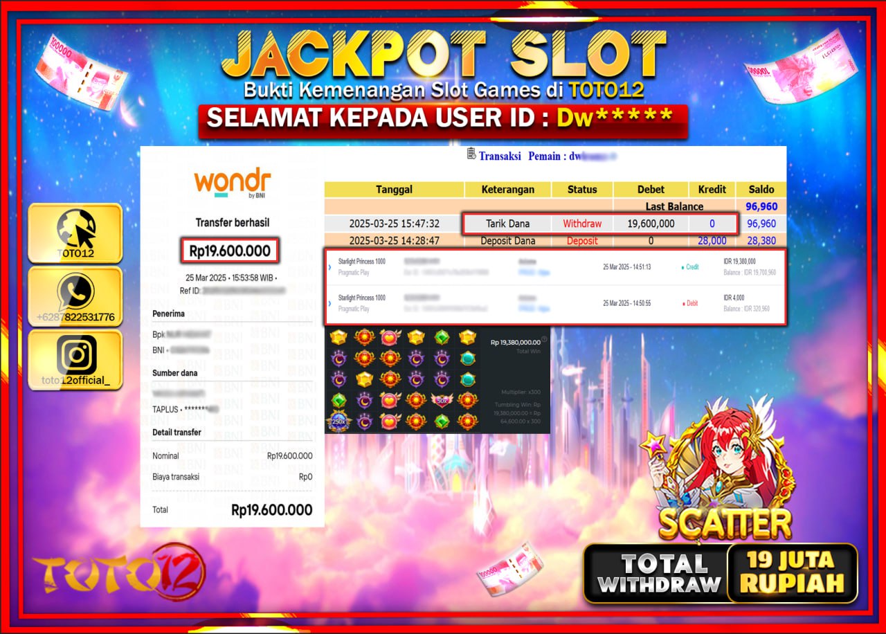 HANYA DI TOTO12 JP PASTI DI BAYAR LUNAS DAN CEPAT!!!!!! JACKPOT SLOT GAME (STARLIGHT PRINCESS 1000) Rp.19.000.000 !!!!