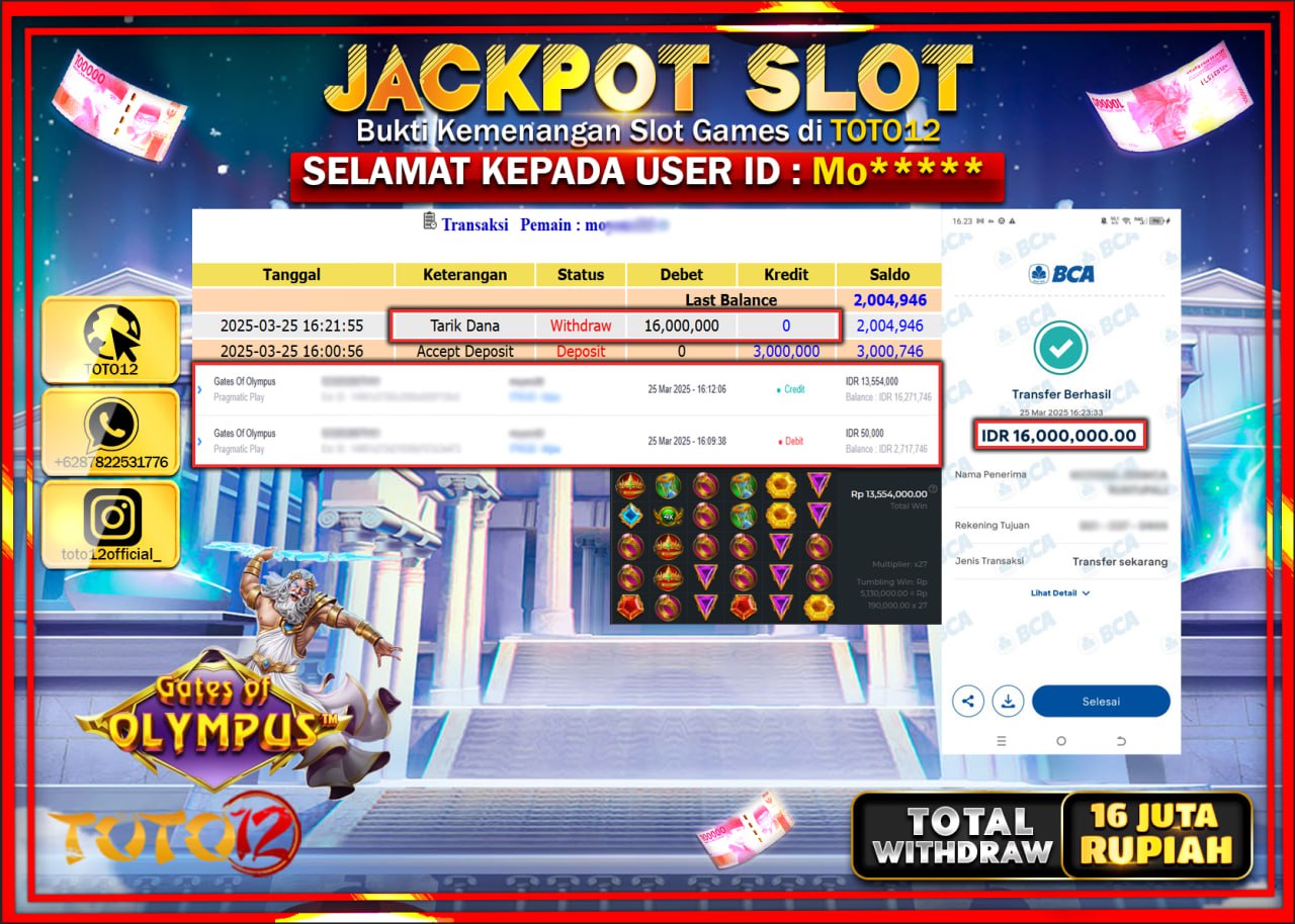 HANYA DI TOTO12 JP PASTI DI BAYAR LUNAS DAN CEPAT!!!!!! JACKPOT SLOT GAME (GATAS OF OLYMPUS ) Rp.16.000.000 !!!!