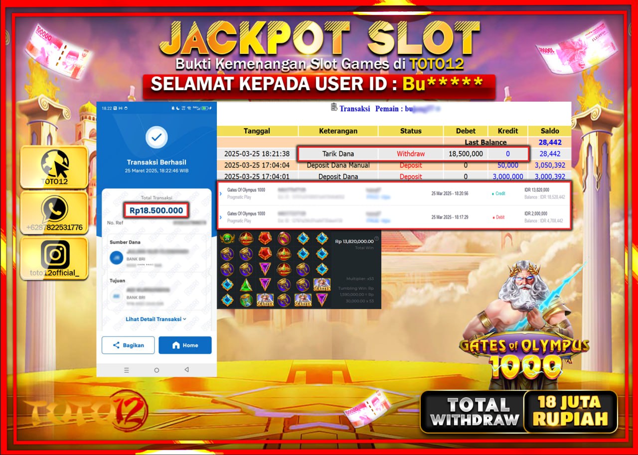 HANYA DI TOTO12 JP PASTI DI BAYAR LUNAS DAN CEPAT!!!!!! JACKPOT SLOT GAME (GATES OF OLYMPUS 1000) Rp.18.000.000 !!!!