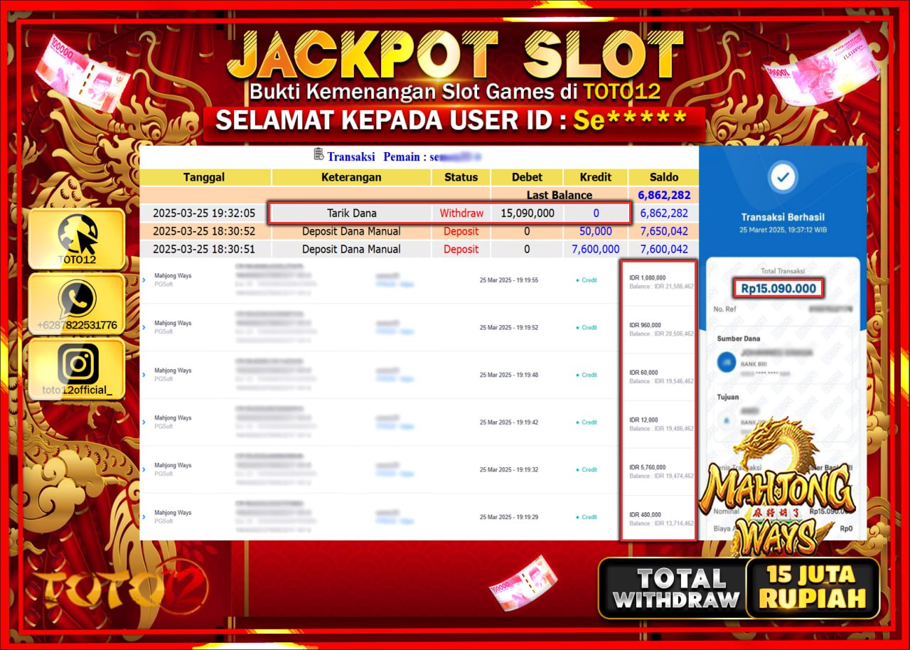 HANYA DI TOTO12 JP PASTI DI BAYAR LUNAS DAN CEPAT!!!!!! JACKPOT SLOT GAME (MAHJONG WAYS) Rp.15.000.000 !!!!