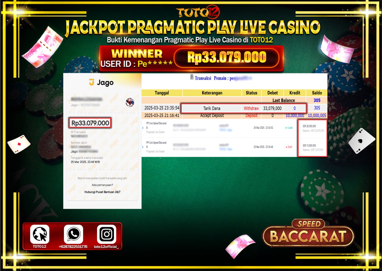 HANYA DI TOTO12 JP PASTI DI BAYAR LUNAS DAN CEPAT!!!!!! JACKPOT PRAGMATIC PLAY LIVE CASINO (SPEED BACCARAT) Rp.33.079.000 !!!!