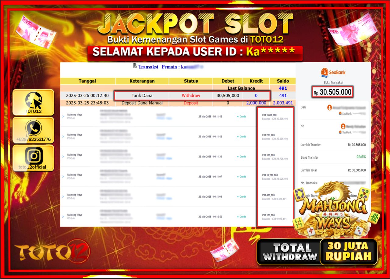 HANYA DI TOTO12 JP PASTI DI BAYAR LUNAS DAN CEPAT!!!!!! JACKPOT SLOT GAME (MAHJONG WAYS) Rp.30.000.000 !!!!