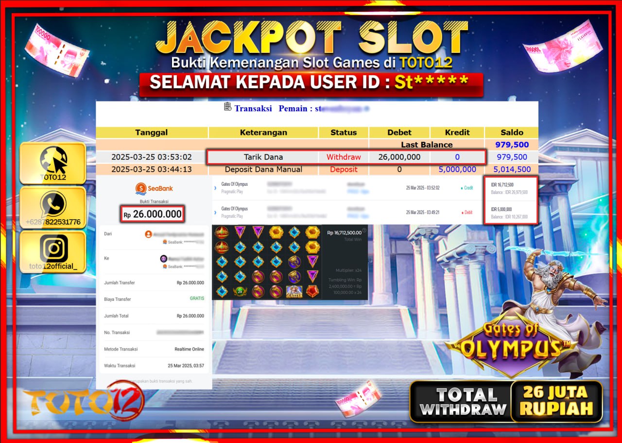 HANYA DI TOTO12 JP PASTI DI BAYAR LUNAS DAN CEPAT!!!!!! JACKPOT SLOT GAME (GATES OF OLYMPUS) Rp.26.000.000 !!!!