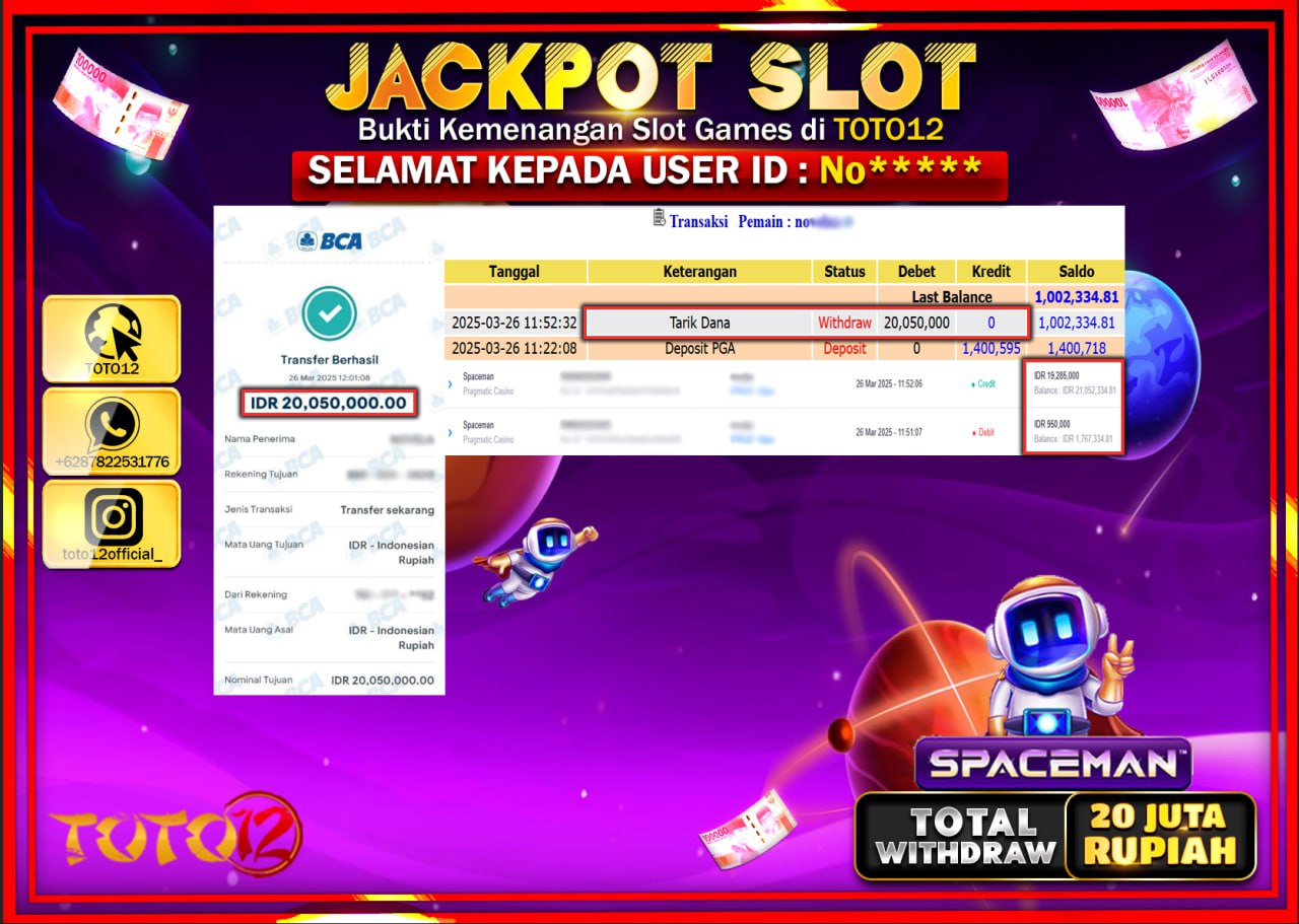 HANYA DI TOTO12 JP PASTI DI BAYAR LUNAS DAN CEPAT!!!!!! JACKPOT SLOT GAME (SPACEMAN) Rp.20.000.000 !!!!