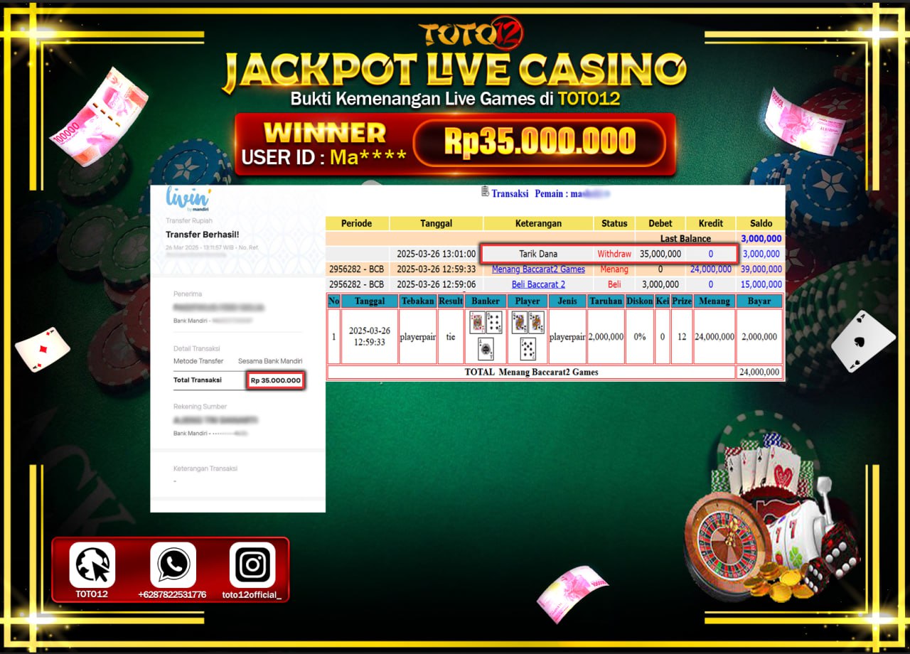 HANYA DI TOTO12 JP PASTI DI BAYAR LUNAS DAN CEPAT!!!!!! JACKPOT PRAGMATIC PLAY LIVE CASINO (BACCARAT 2) Rp.35.000.000 !!!!