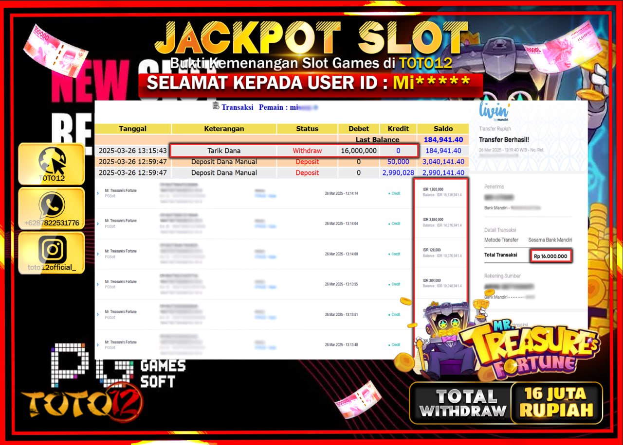 HANYA DI TOTO12 JP PASTI DI BAYAR LUNAS DAN CEPAT!!!!!! JACKPOT SLOT GAME (MR TREASURES FORTUNE) Rp.16.000.000 !!!!