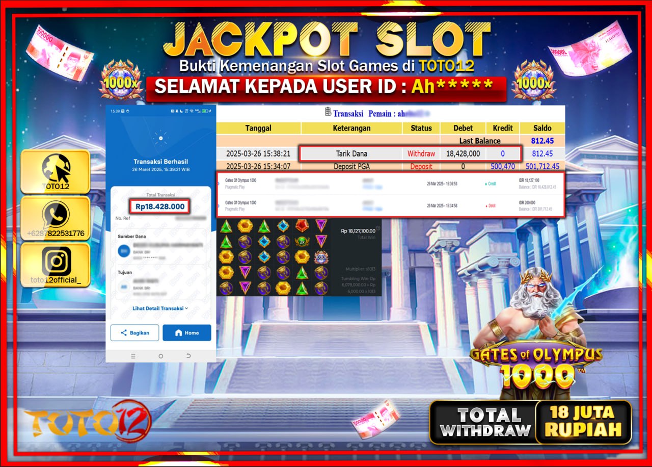 HANYA DI TOTO12 JP PASTI DI BAYAR LUNAS DAN CEPAT!!!!!! JACKPOT SLOT GAME (GATES OF OLYMPUS 1000) Rp.18.000.000 !!!!