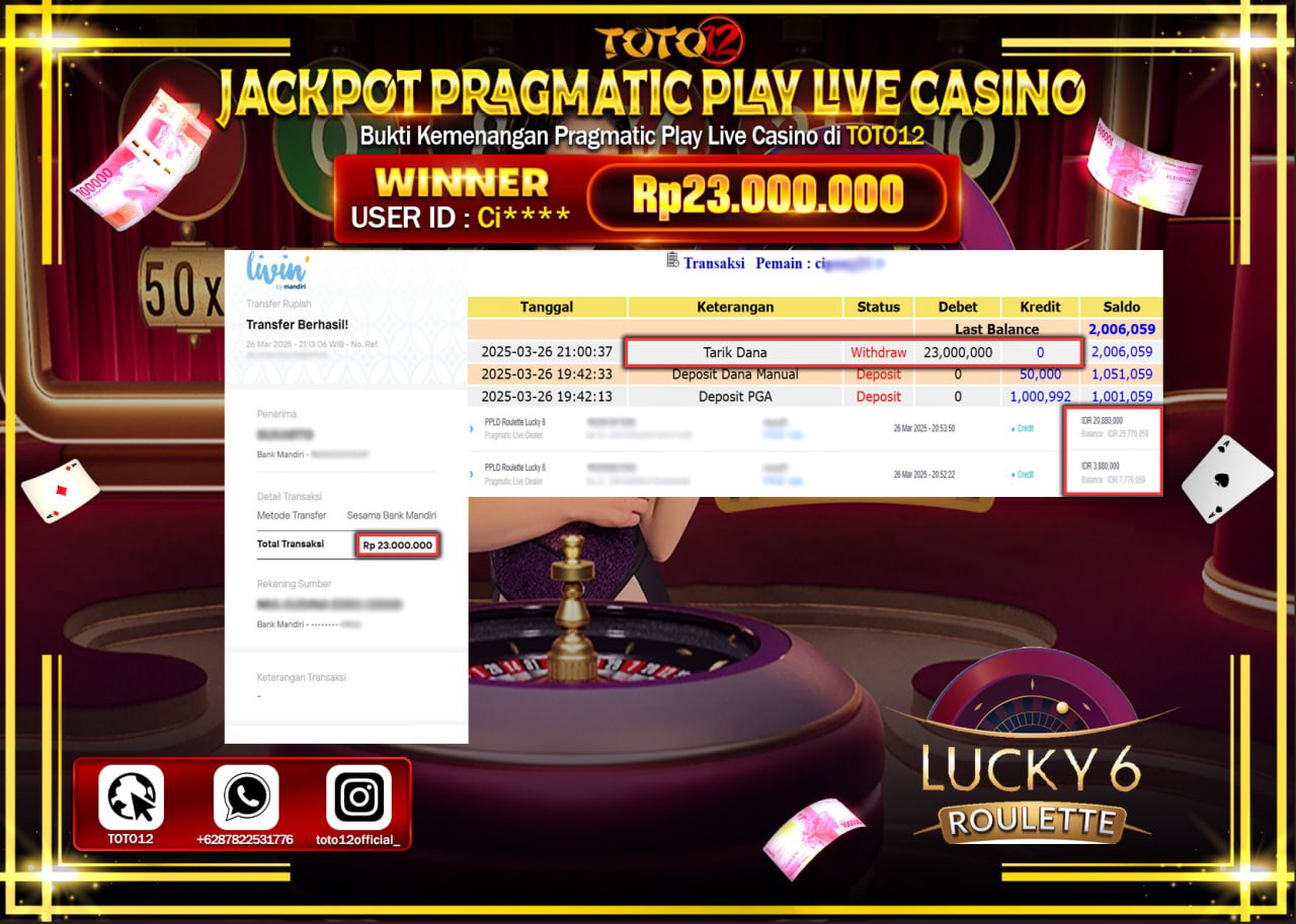 HANYA DI TOTO12 JP PASTI DI BAYAR LUNAS DAN CEPAT!!!!!! JACKPOT PRAGMATIC PLAY LIVE CASINO (ROULETTE LUCKY 6) Rp.23.000.000 !!!!