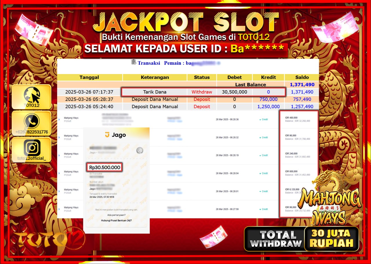 HANYA DI TOTO12 JP PASTI DI BAYAR LUNAS DAN CEPAT!!!!!! JACKPOT SLOT GAME (MAHJONG WAYS) Rp.30.000.000 !!!!