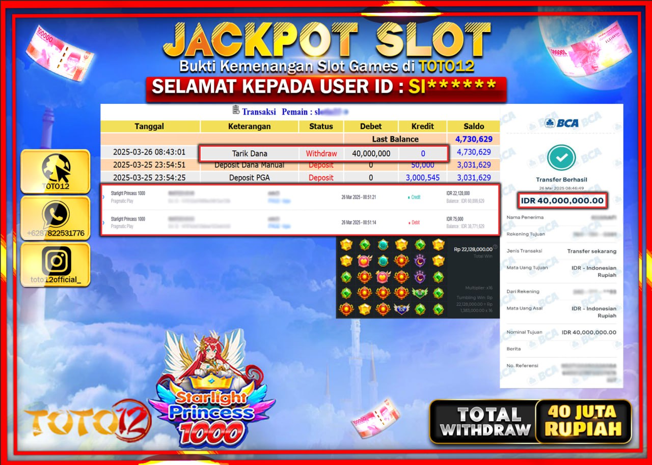 HANYA DI TOTO12 JP PASTI DI BAYAR LUNAS DAN CEPAT!!!!!! JACKPOT SLOT GAME (STARLIGHT PRINCESS 1000) Rp.40.000.000 !!!!