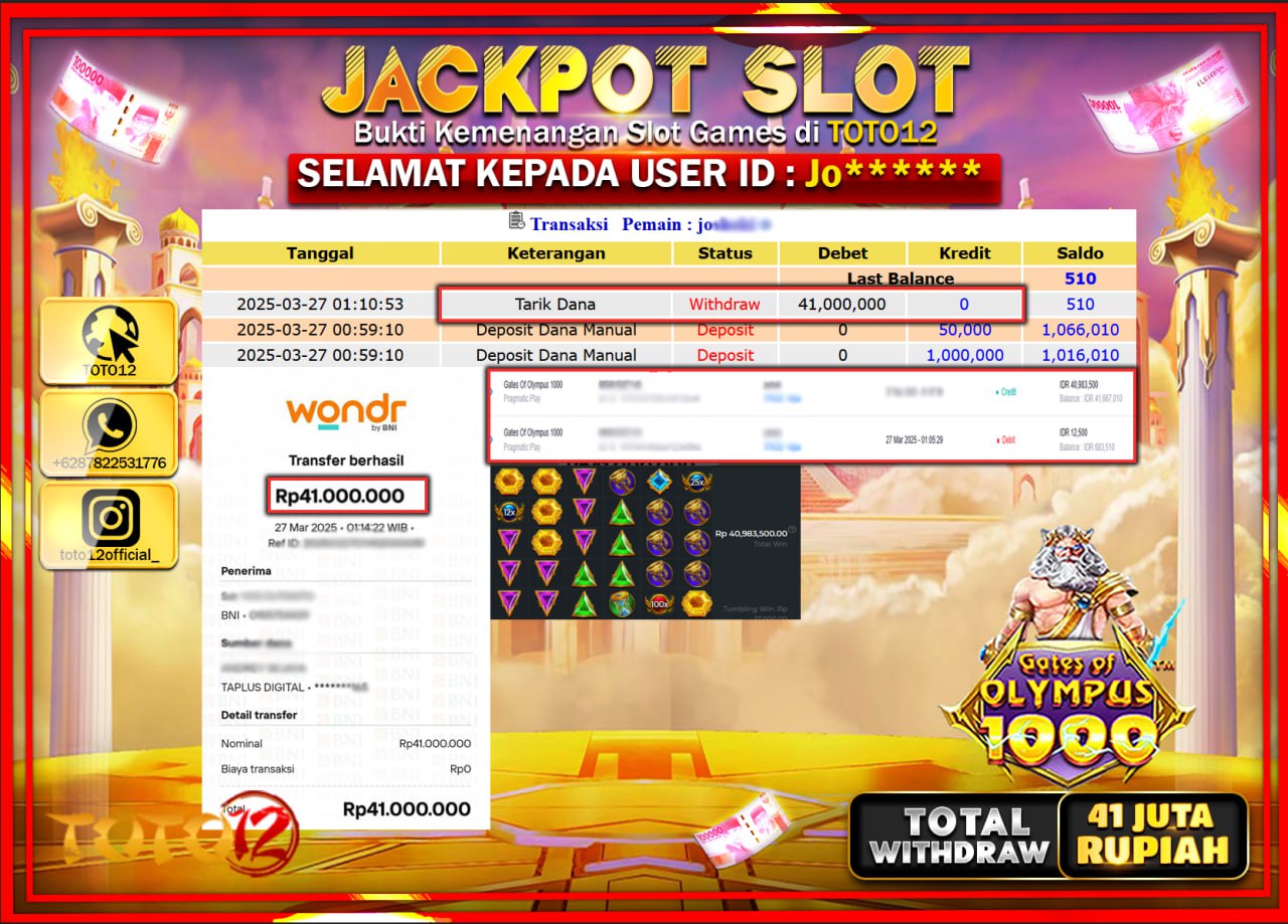 HANYA DI TOTO12 JP PASTI DI BAYAR LUNAS DAN CEPAT!!!!!! JACKPOT SLOT GAME (GATES OF OLYMPUS 1000) Rp.41.000.000 !!!!