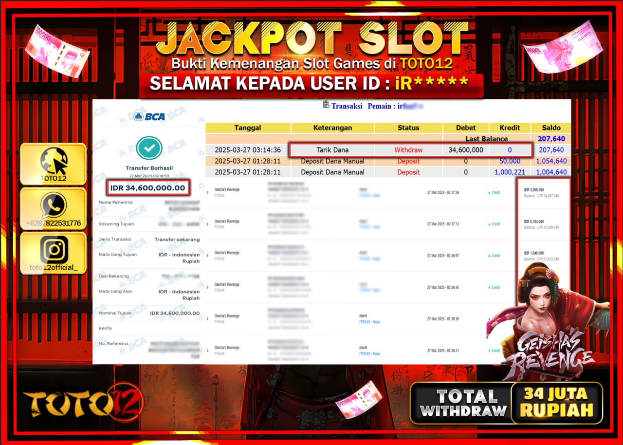 HANYA DI TOTO12 JP PASTI DI BAYAR LUNAS DAN CEPAT!!!!!! JACKPOT SLOT GAME (GEISHAS REVENGE) Rp.34.000.000 !!!!