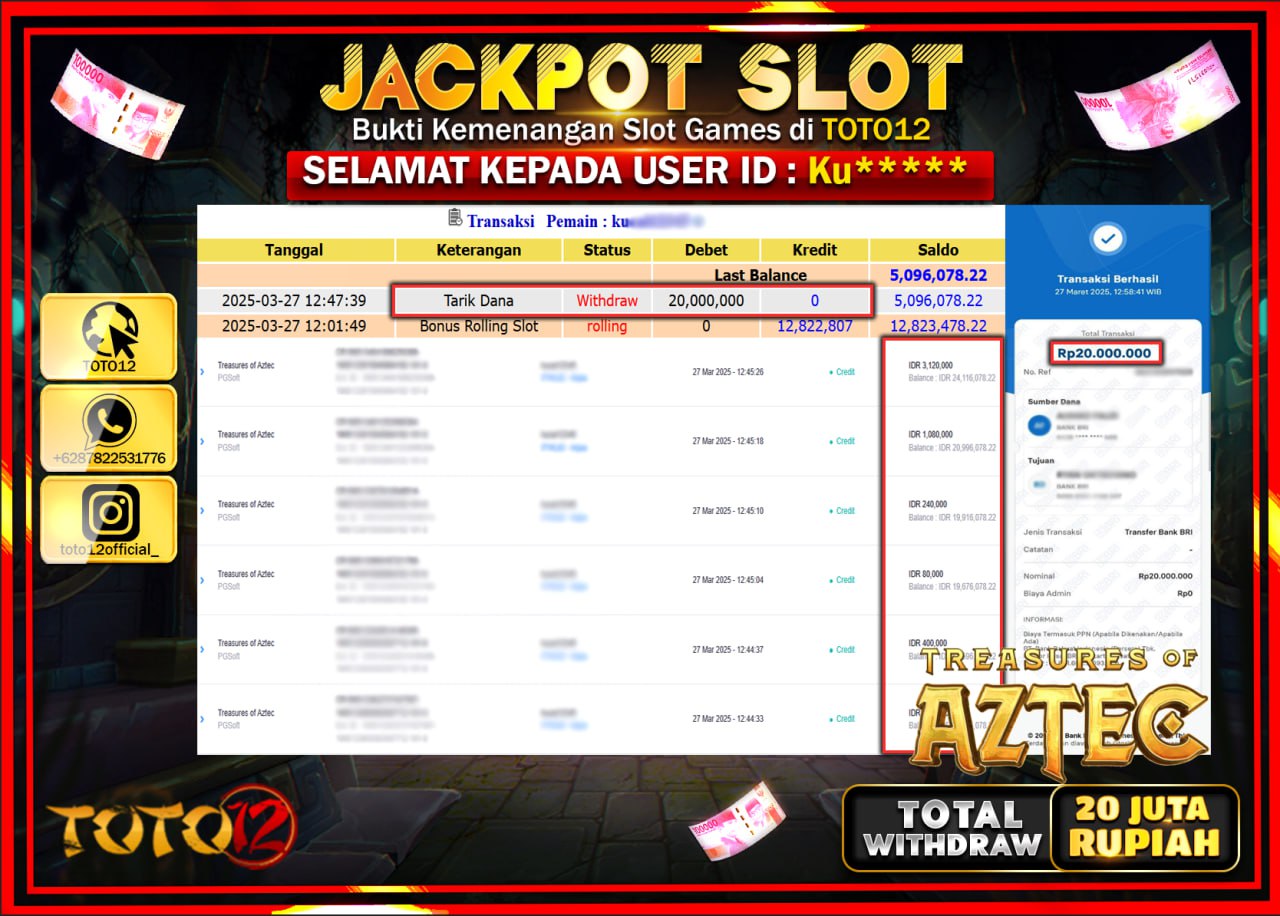 HANYA DI TOTO12 JP PASTI DI BAYAR LUNAS DAN CEPAT!!!!!! JACKPOT SLOT GAME (TREASURES OF AZTEC) Rp.20.000.000 !!!!