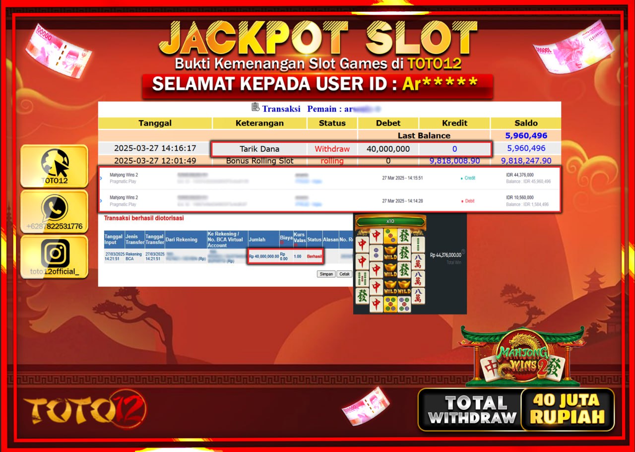HANYA DI TOTO12 JP PASTI DI BAYAR LUNAS DAN CEPAT!!!!!! JACKPOT SLOT GAME (MAHJONG WINS 2) Rp.40.000.000 !!!!