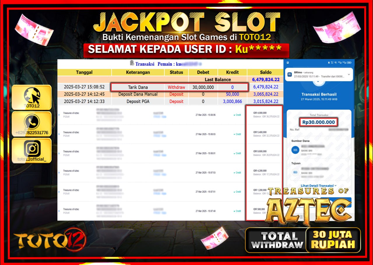 HANYA DI TOTO12 JP PASTI DI BAYAR LUNAS DAN CEPAT!!!!!! JACKPOT SLOT GAME (TREASURES OF AZTEC) Rp.30.000.000 !!!!