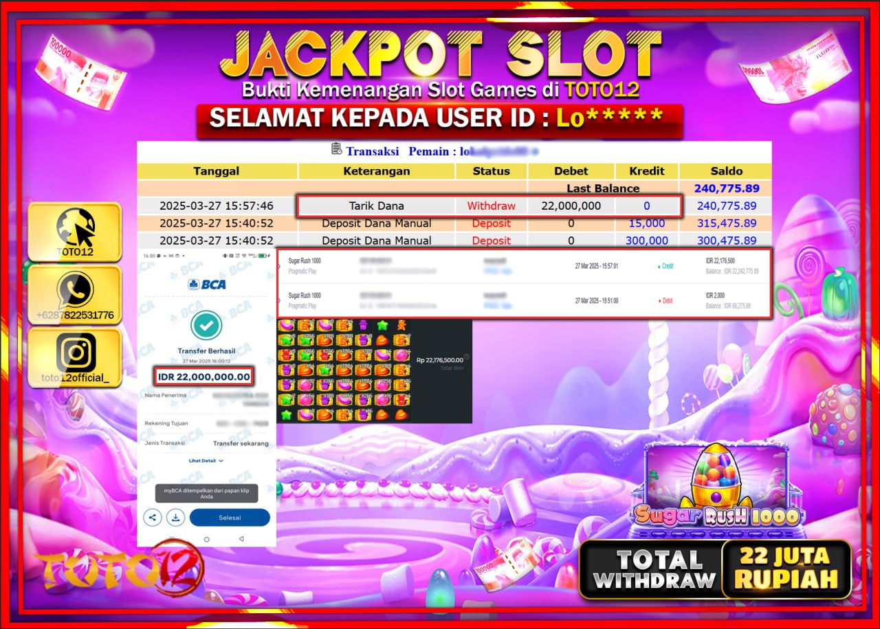 HANYA DI TOTO12 JP PASTI DI BAYAR LUNAS DAN CEPAT!!!!!! JACKPOT SLOT GAME (SUGAR RUSH 1000) Rp.22.000.000 !!!!