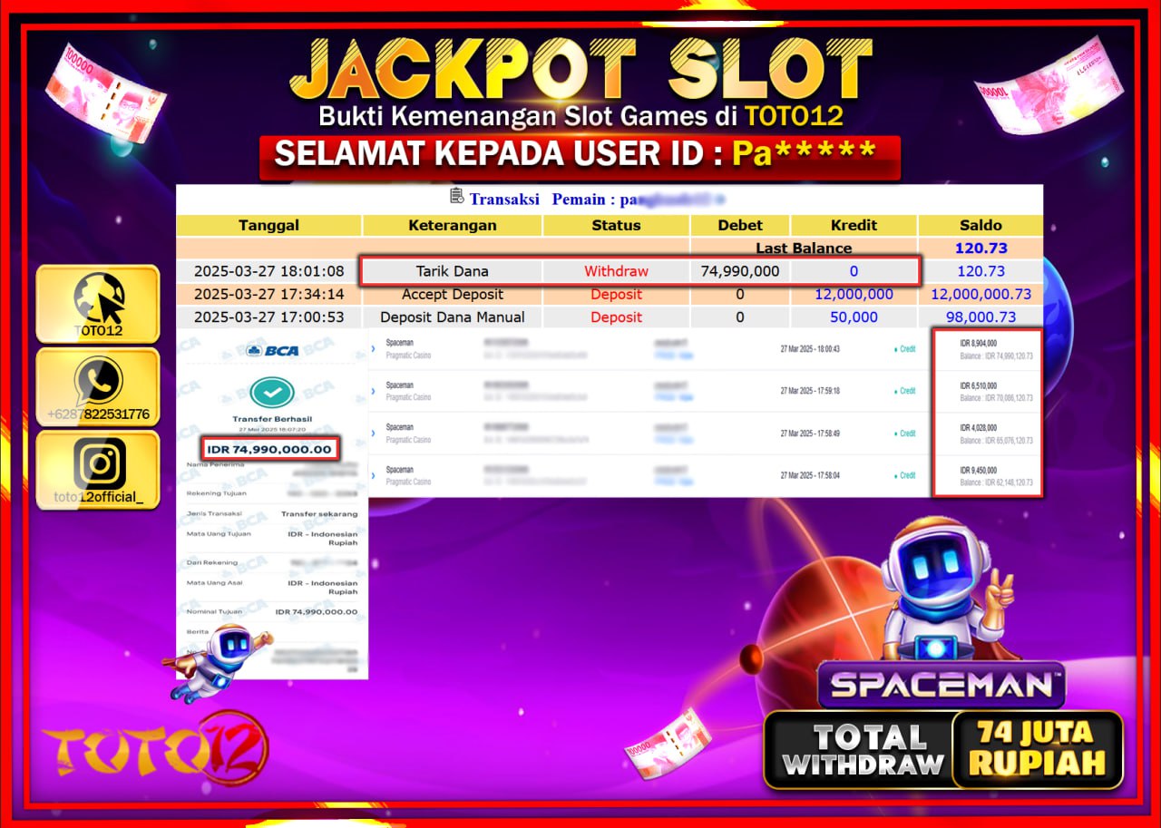 HANYA DI TOTO12 JP PASTI DI BAYAR LUNAS DAN CEPAT!!!!!! JACKPOT SLOT GAME (SPACEMAN) Rp.74.000.000 !!!!