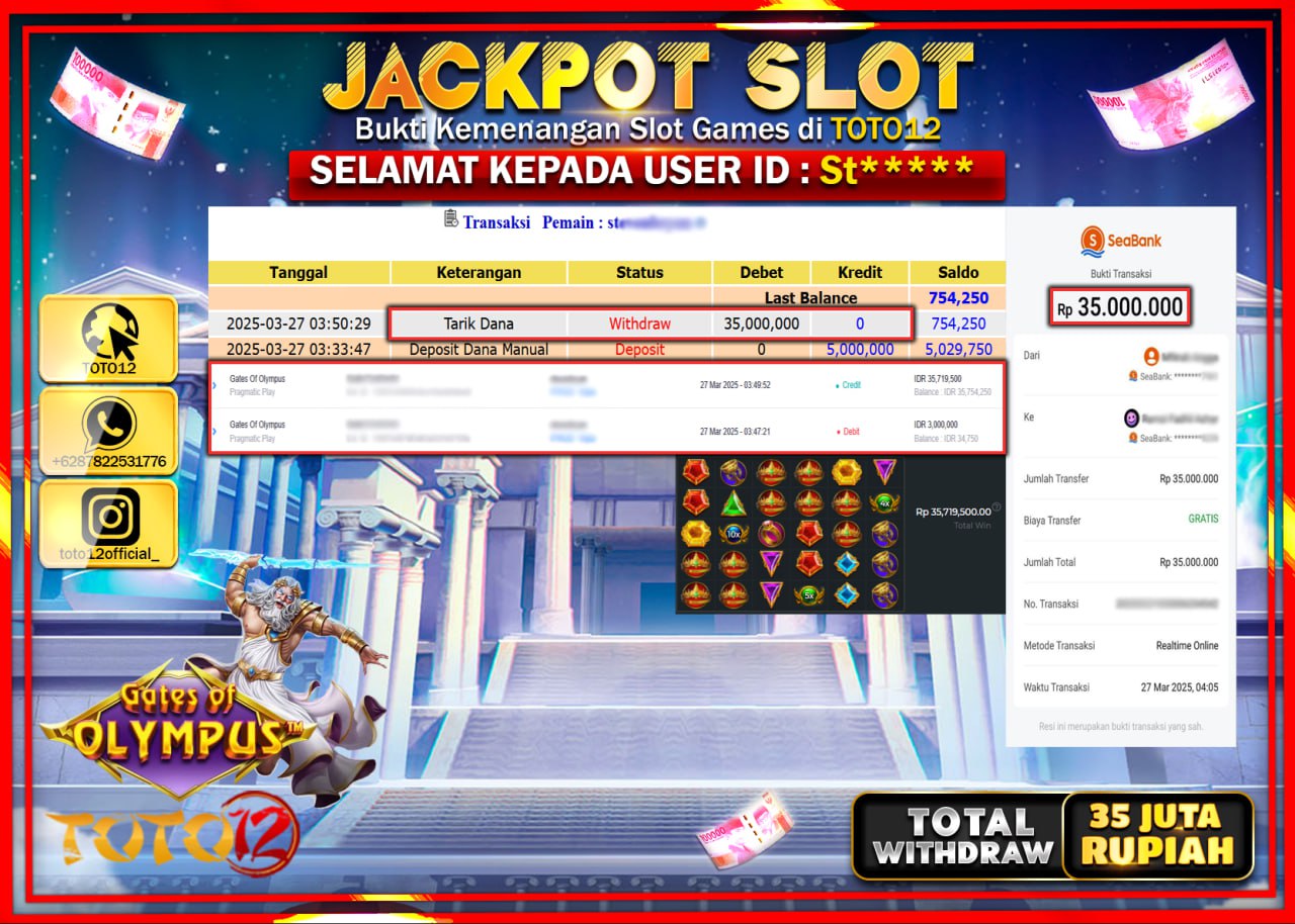 HANYA DI TOTO12 JP PASTI DI BAYAR LUNAS DAN CEPAT!!!!!! JACKPOT SLOT GAME (GATES OF OLYMPUS) Rp.35.000.000 !!!!