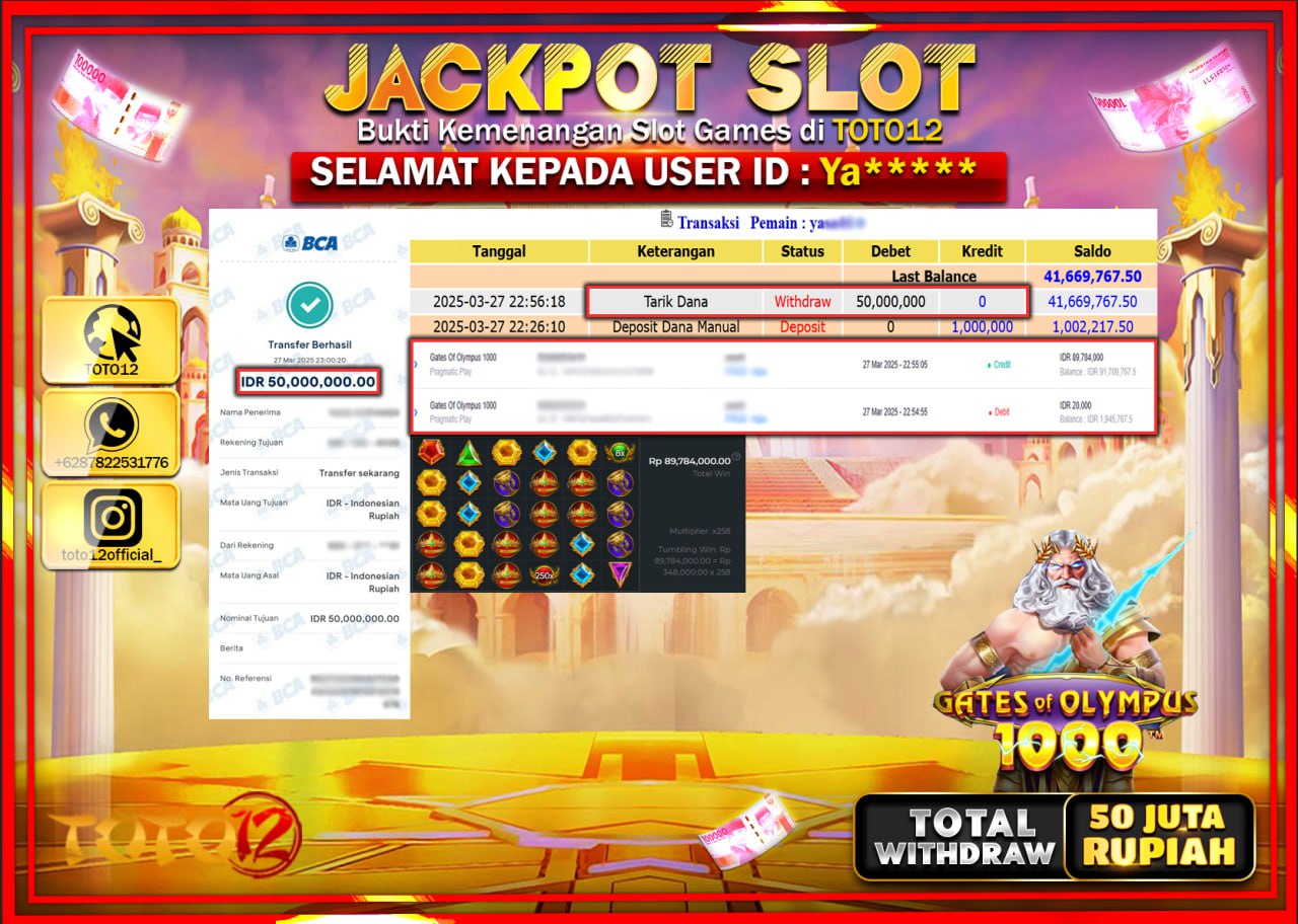 HANYA DI TOTO12 JP PASTI DI BAYAR LUNAS DAN CEPAT!!!!!! JACKPOT SLOT GAME (GATES OF OLYMPUS 1000) Rp.50.000.000 !!!!