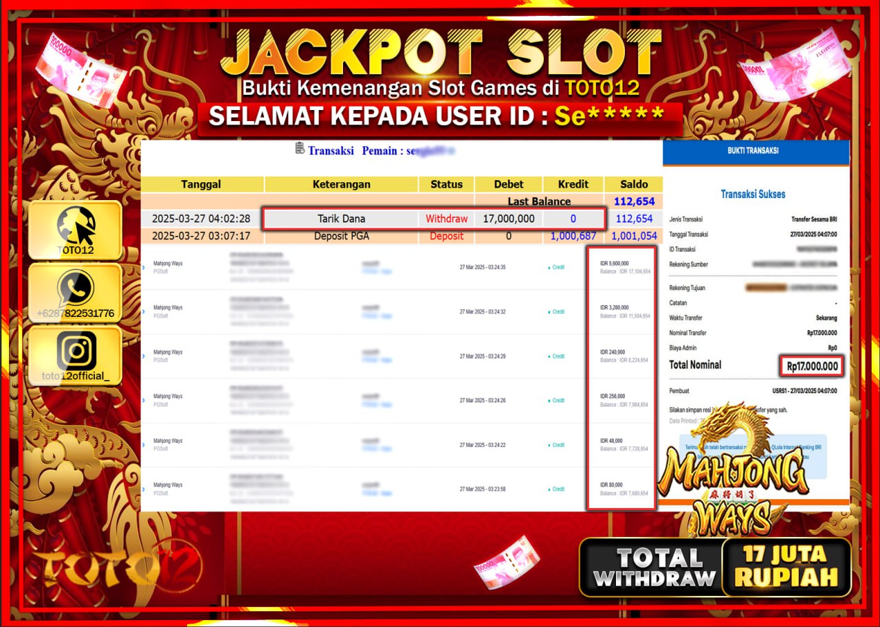 HANYA DI TOTO12 JP PASTI DI BAYAR LUNAS DAN CEPAT!!!!!! JACKPOT SLOT GAME (MAHJONG WAYS) Rp.17.000.000 !!!!