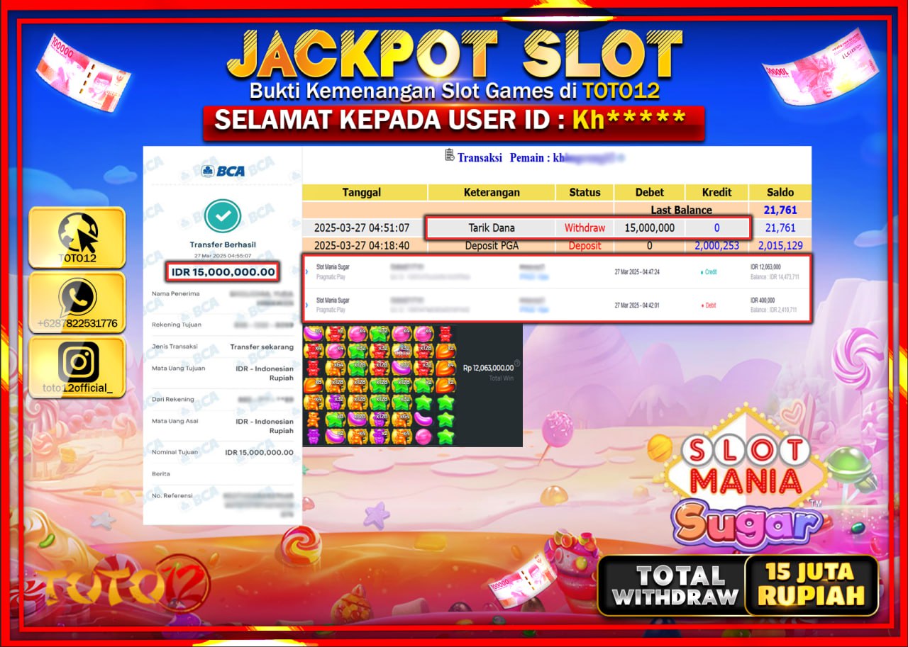 HANYA DI TOTO12 JP PASTI DI BAYAR LUNAS DAN CEPAT!!!!!! JACKPOT SLOT GAME (SLOT MANIA SUGAR) Rp.15.000.000 !!!!