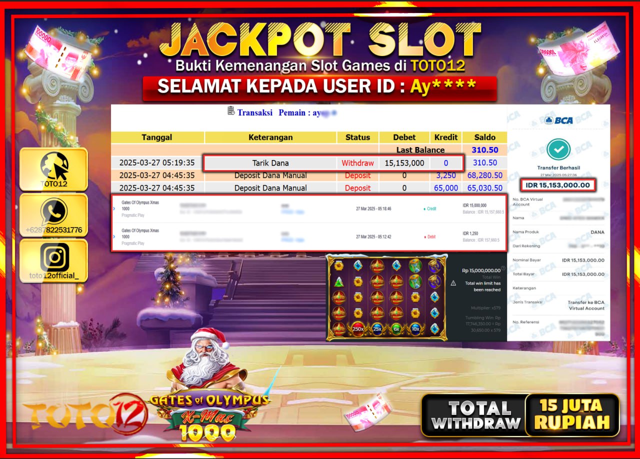 HANYA DI TOTO12 JP PASTI DI BAYAR LUNAS DAN CEPAT!!!!!! JACKPOT SLOT GAME (GATES OF OLYMPUS XMAS 1000) Rp.15.000.000 !!!!