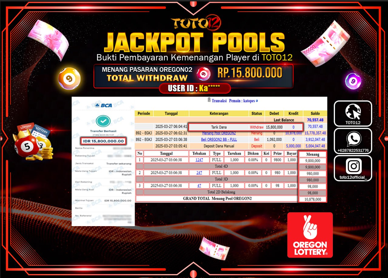 HANYA DI TOTO12 JP PASTI DI BAYAR LUNAS DAN CEPAT!!!!!! JACKPOT POOLS PASARAN (OREGON02) Rp.15.800.000 !!!!