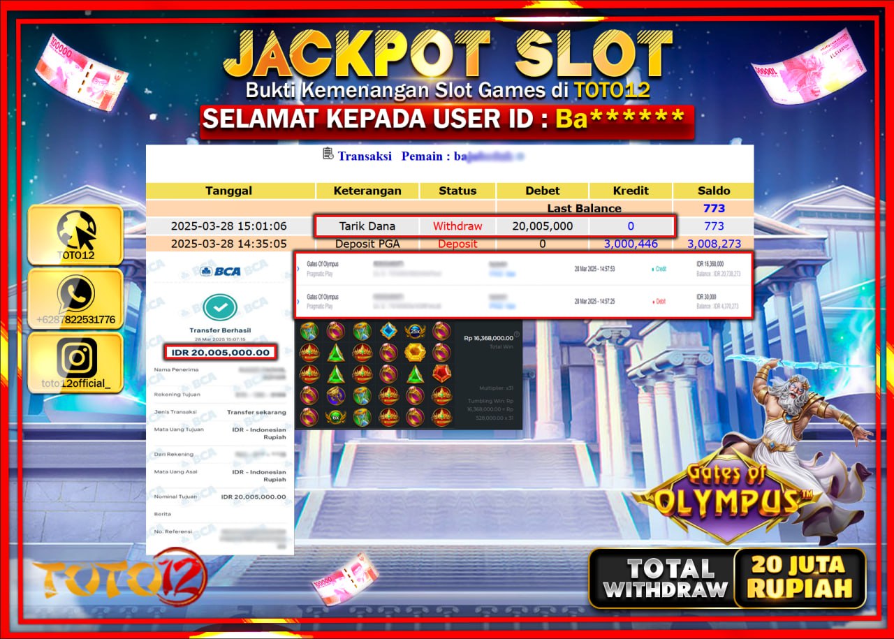 HANYA DI TOTO12 JP PASTI DI BAYAR LUNAS DAN CEPAT!!!!!! JACKPOT SLOT GAME (GATES OF OLYMPUS) Rp.20.000.000 !!!!
