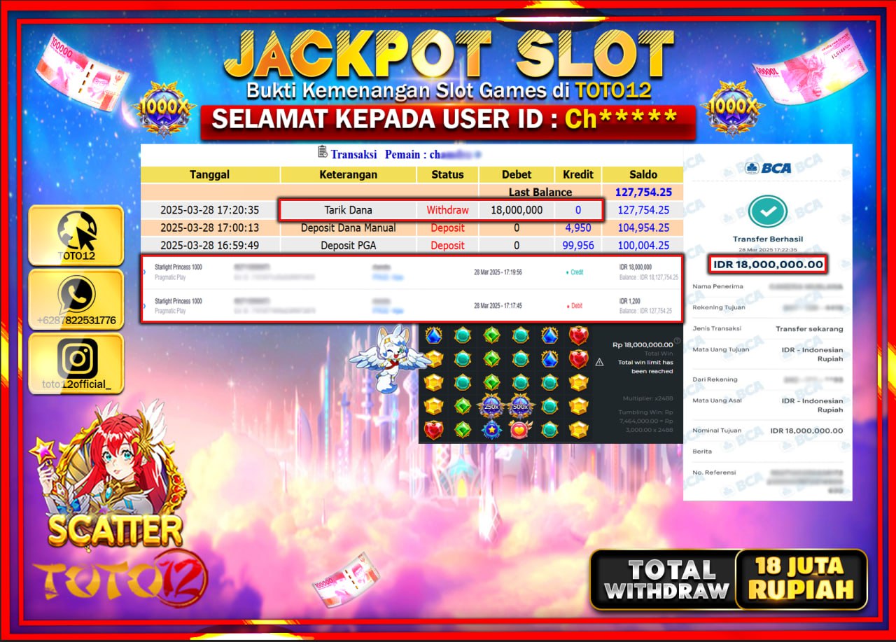 HANYA DI TOTO12 JP PASTI DI BAYAR LUNAS DAN CEPAT!!!!!! JACKPOT SLOT GAME (STARLIGHT PRINCESS 1000) Rp.18.000.000 !!!!