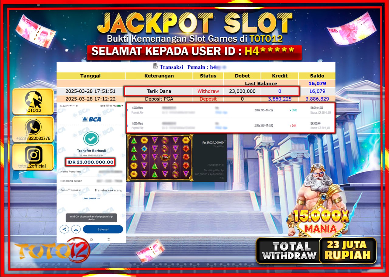 HANYA DI TOTO12 JP PASTI DI BAYAR LUNAS DAN CEPAT!!!!!! JACKPOT SLOT GAME (15.000X MANIA) Rp.23.000.000 !!!!
