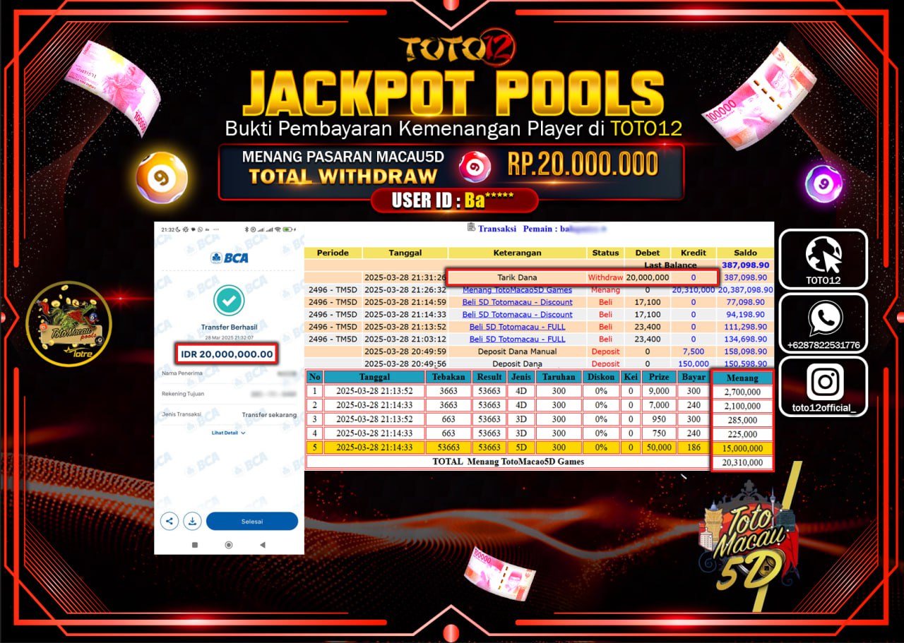 HANYA DI TOTO12 JP PASTI DI BAYAR LUNAS DAN CEPAT!!!!!! JACKPOT POOLS PASARAN (TOTO MACAU5D) Rp.20.000.000 !!!!