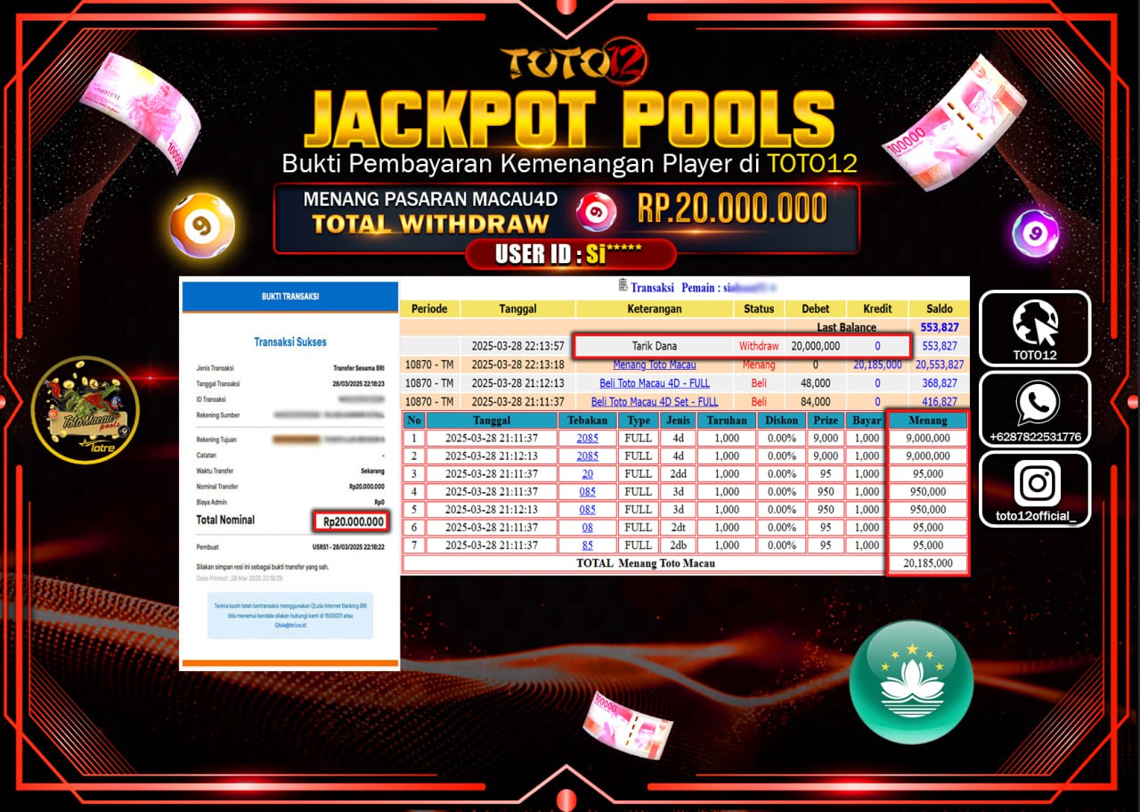 HANYA DI TOTO12 JP PASTI DI BAYAR LUNAS DAN CEPAT!!!!!! JACKPOT POOLS PASARAN (TOTO MACAU4D) Rp.20.000.000 !!!!