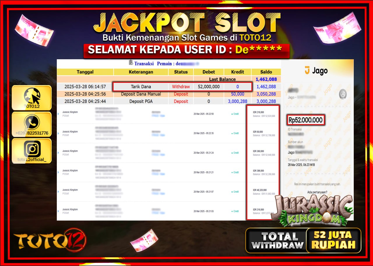 HANYA DI TOTO12 JP PASTI DI BAYAR LUNAS DAN CEPAT!!!!!! JACKPOT SLOT GAME (JURASSIC KINGDOM) Rp.52.000.000 !!!!