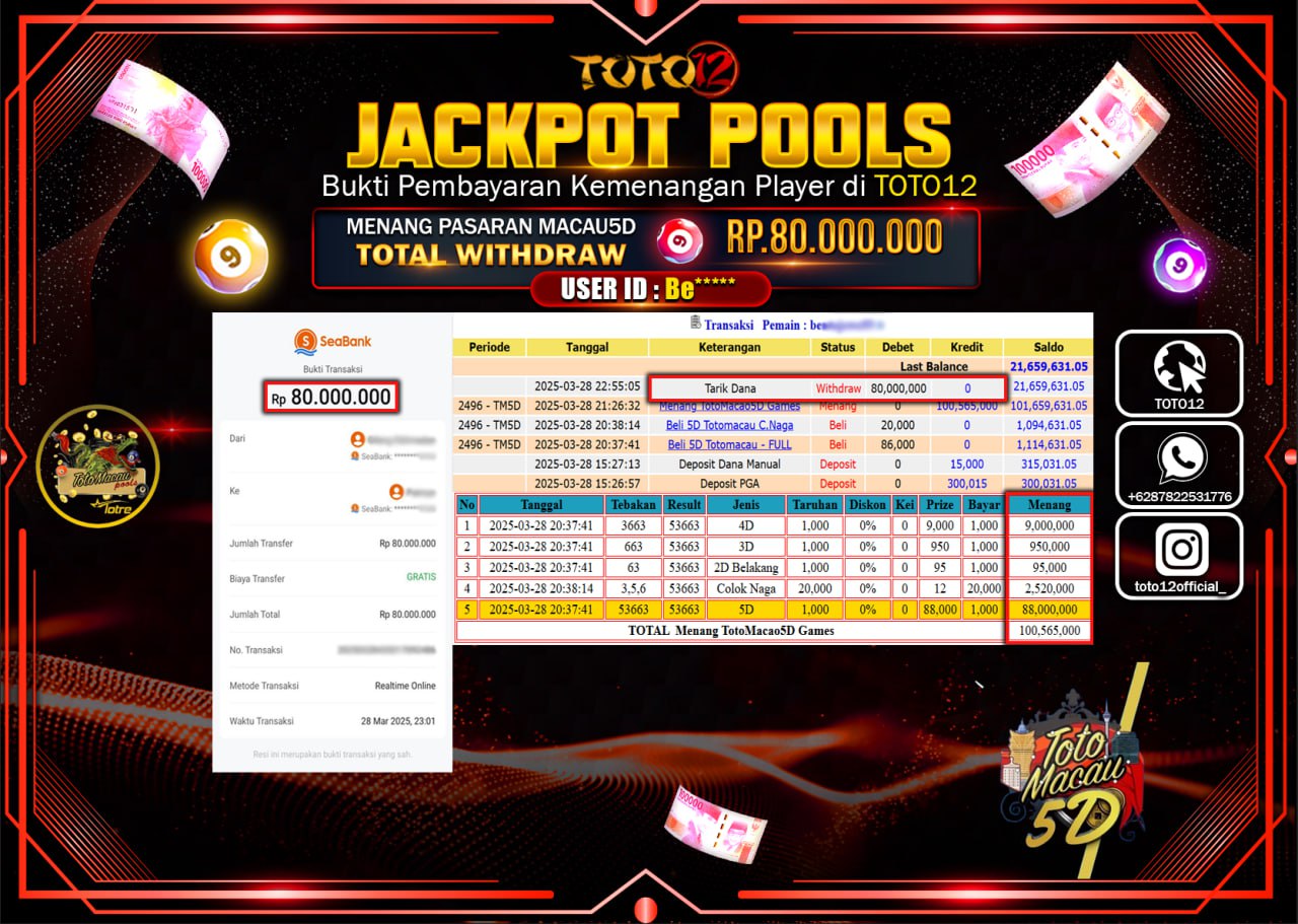 HANYA DI TOTO12 JP PASTI DI BAYAR LUNAS DAN CEPAT!!!!!! JACKPOT POOLS PASARAN (TOTO MACAU5D) Rp.80.000.000 !!!!